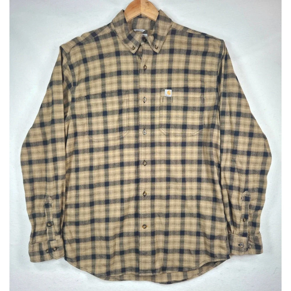 Carhartt Men Relaxed Fit Plaid Button Down Shirt Tan Black M 104448